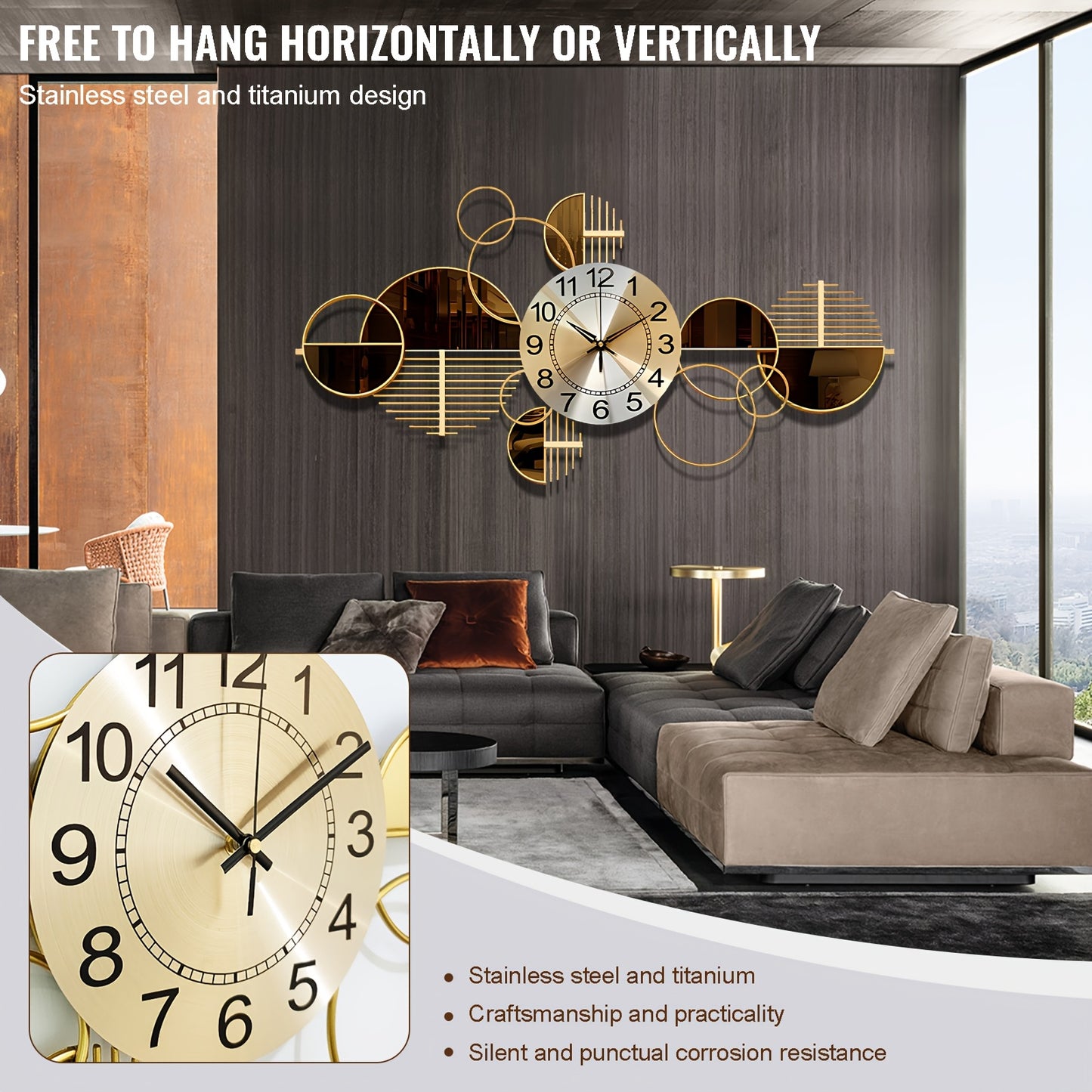 31" x 17" Modern Metal Wall Clock - Silent No-Ticking, 3D Decorative Art for Living Room & Bedroom, Golden Geometric Design, Large Creative Wall Clock Decor, No Ticking Mechanism, Wall Clock Living Room