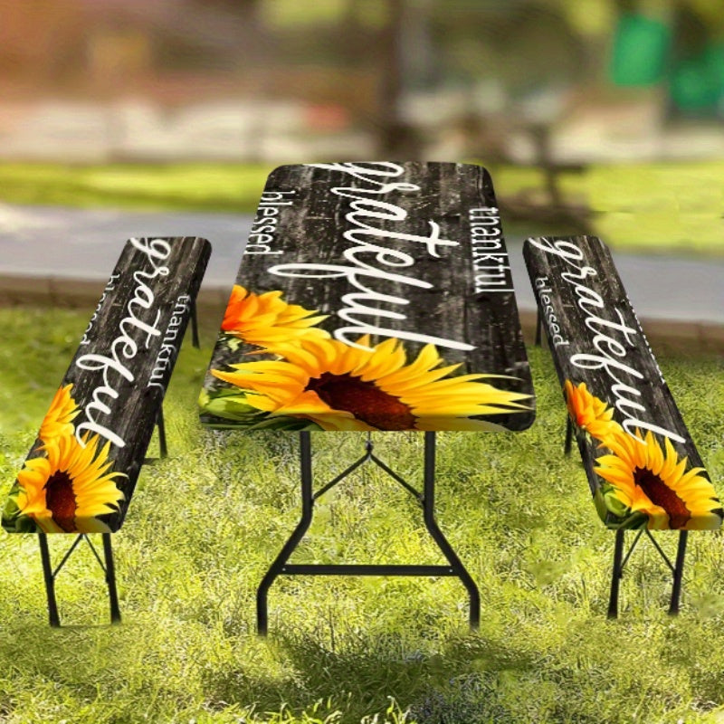 Product 1/3pcs Picnic Tablecloth Set (1 Tablecloth + 2 Stool Covers) Simple Gray Wood Grain Background Sunflower Print Elastic Tablecloth, Suitable for Picnic and Camping Tablecloths, Is a Must-have for Outdoor Barbecue and H