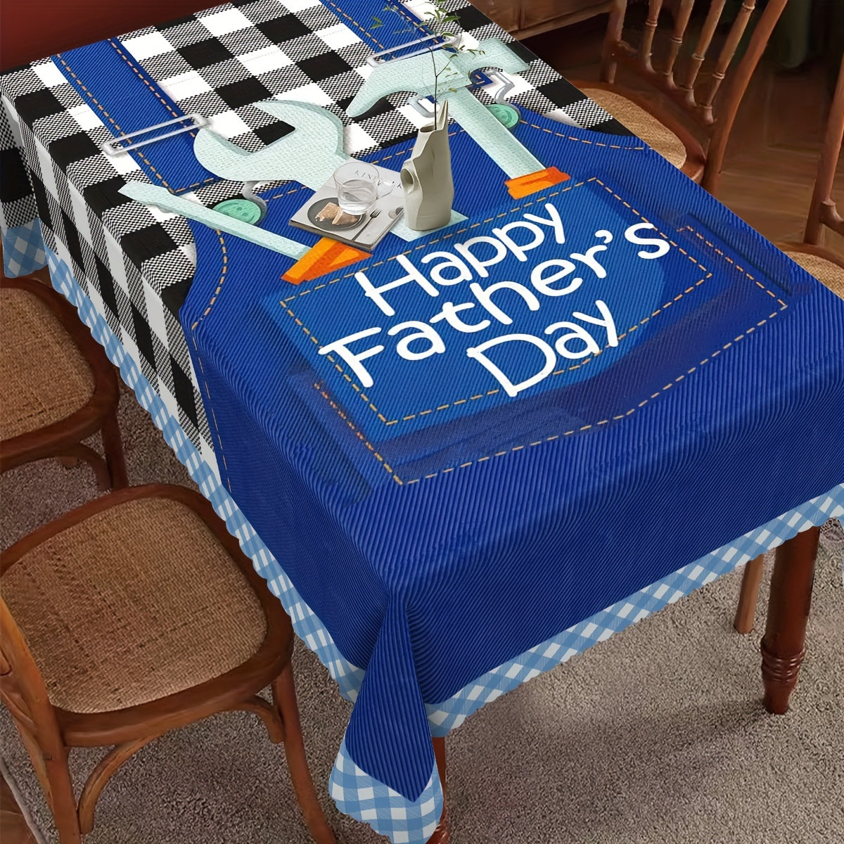 Father's Day Tablecloth Blue White Checkered Table Cover