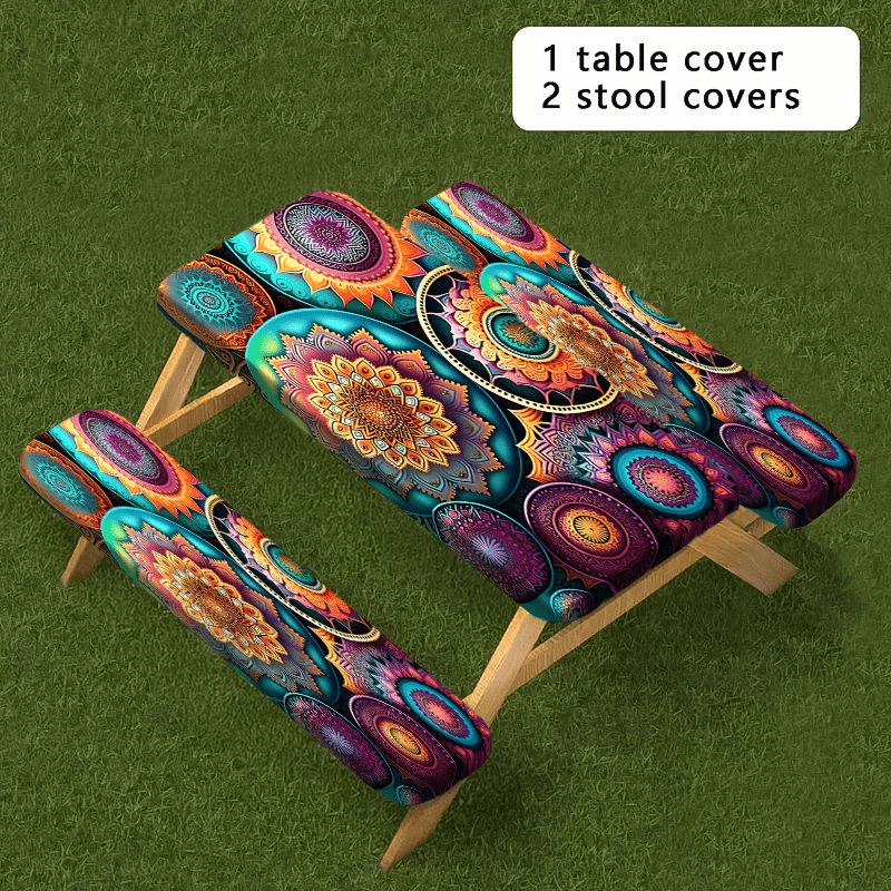 Product 1/3pcs Outdoor Picnic Tablecloth Set (1 Tablecloth + 2 Stool Covers) Mandala, Colorful Abstract Complex Pattern Elastic Tablecloth, Edge Elastic Tablecloth, Machine Washable, Suitable for Camping, Parties, Gifts, Part