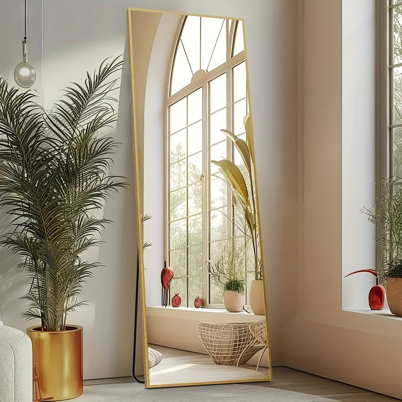 LED Lighted Full-Length Mirror with Arched Top - Aluminum Frame Floor-Standing Dressing Mirror for Bedroom & Living Room, No Electrical Needed, Black/Golden/White