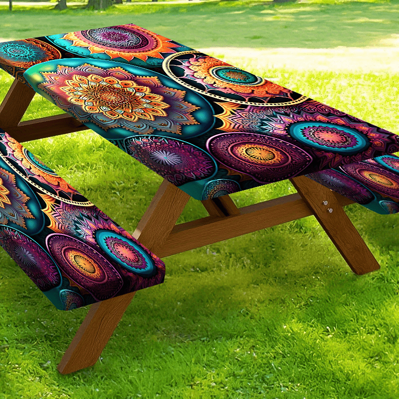 Product 1/3pcs Outdoor Picnic Tablecloth Set (1 Tablecloth + 2 Stool Covers) Mandala, Colorful Abstract Complex Pattern Elastic Tablecloth, Edge Elastic Tablecloth, Machine Washable, Suitable for Camping, Parties, Gifts, Part