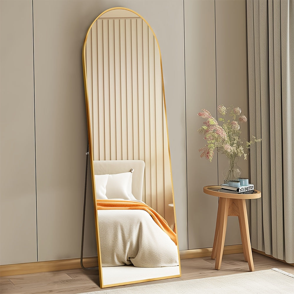 LED Lighted Full-Length Mirror with Arched Top - Aluminum Frame Floor-Standing Dressing Mirror for Bedroom & Living Room, No Electrical Needed, Black/Golden/White