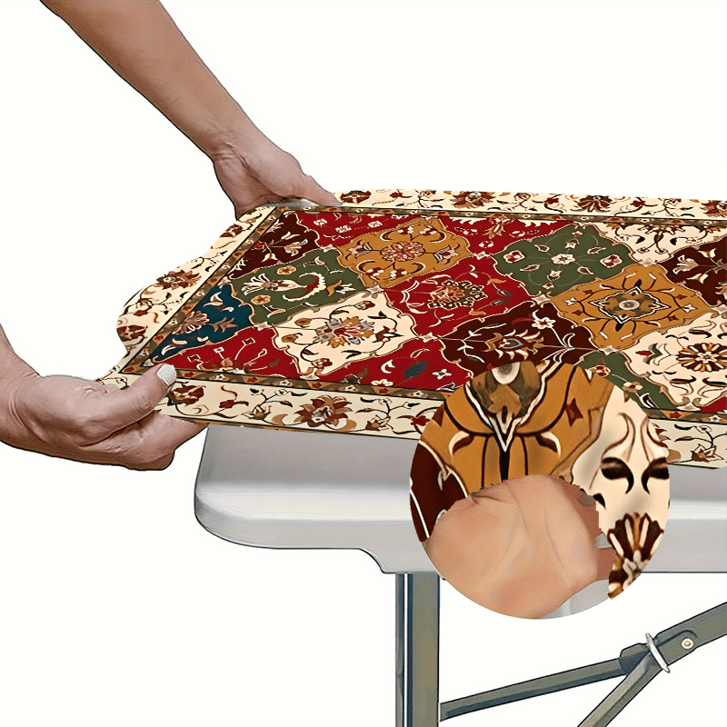 1pc, Elastic Edge Tablecloth, Elegant Retro Pattern Tablecloth - Decorate your table elegantly - Essential item for home decoration, outdoor table set, picnic accessories, suitable for indoor and outdoor use.