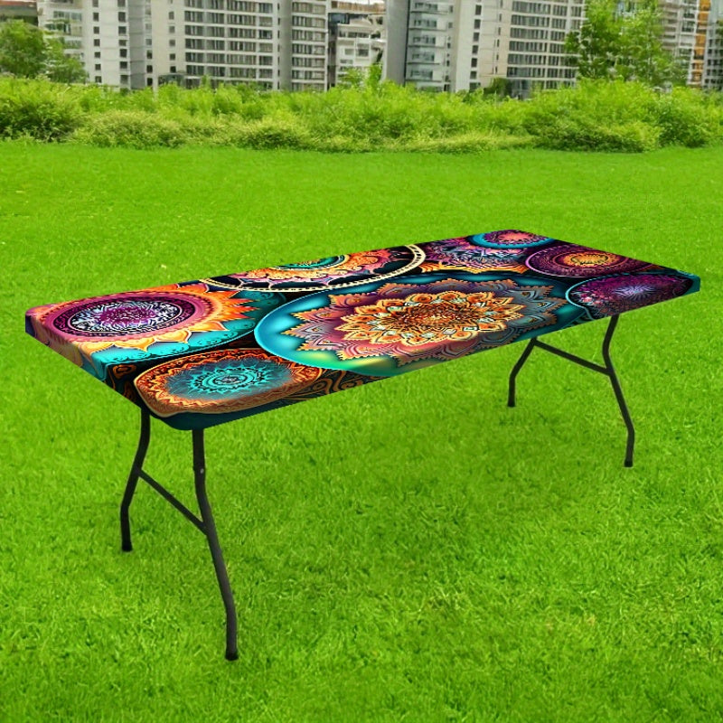 Product 1/3pcs Outdoor Picnic Tablecloth Set (1 Tablecloth + 2 Stool Covers) Mandala, Colorful Abstract Complex Pattern Elastic Tablecloth, Edge Elastic Tablecloth, Machine Washable, Suitable for Camping, Parties, Gifts, Part