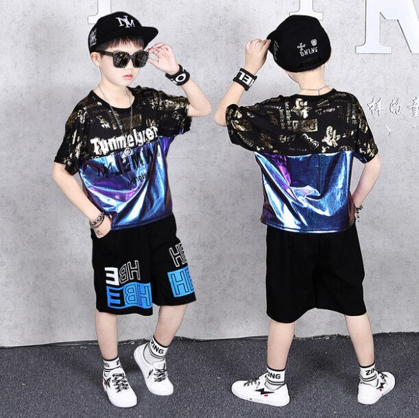 2 Pieces Suit Kids Teenage Boys Clothing Sets Hip-hop Dancing Sports Tracksuits Cotton T-shirt + Shorts Boys Summer Outfits