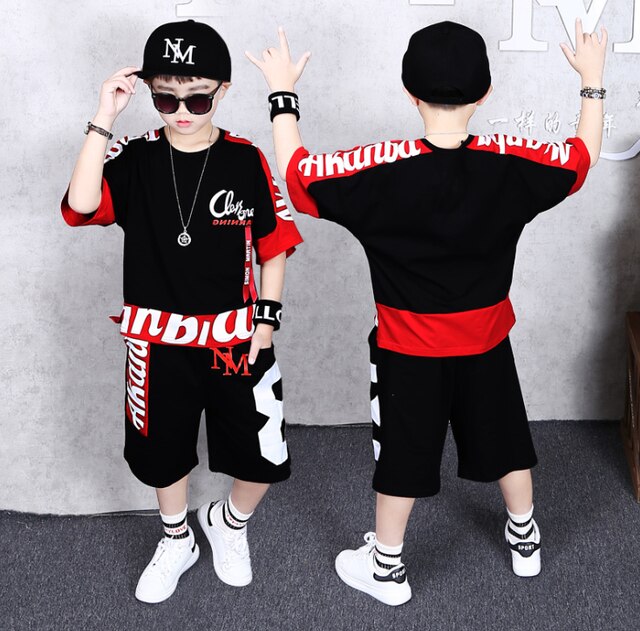 2 Pieces Suit Kids Teenage Boys Clothing Sets Hip-hop Dancing Sports Tracksuits Cotton T-shirt + Shorts Boys Summer Outfits