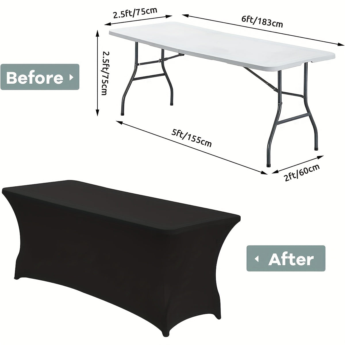 6/12/24pcs 6 Feet Stretch Spandex Tablecloth For Rectangular Tables - Elastic Tablecloth For Folding Tables, Wrinkle Resistant, Durable Tabletop Protector For Parties, Weddings, Banquets & Events (Black & White)