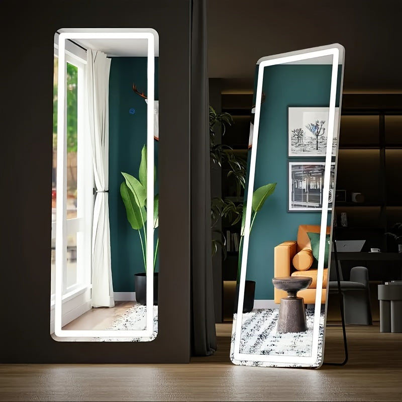 LED Lighted Full-Length Mirror with Arched Top - Aluminum Frame Floor-Standing Dressing Mirror for Bedroom & Living Room, No Electrical Needed, Black/Golden/White