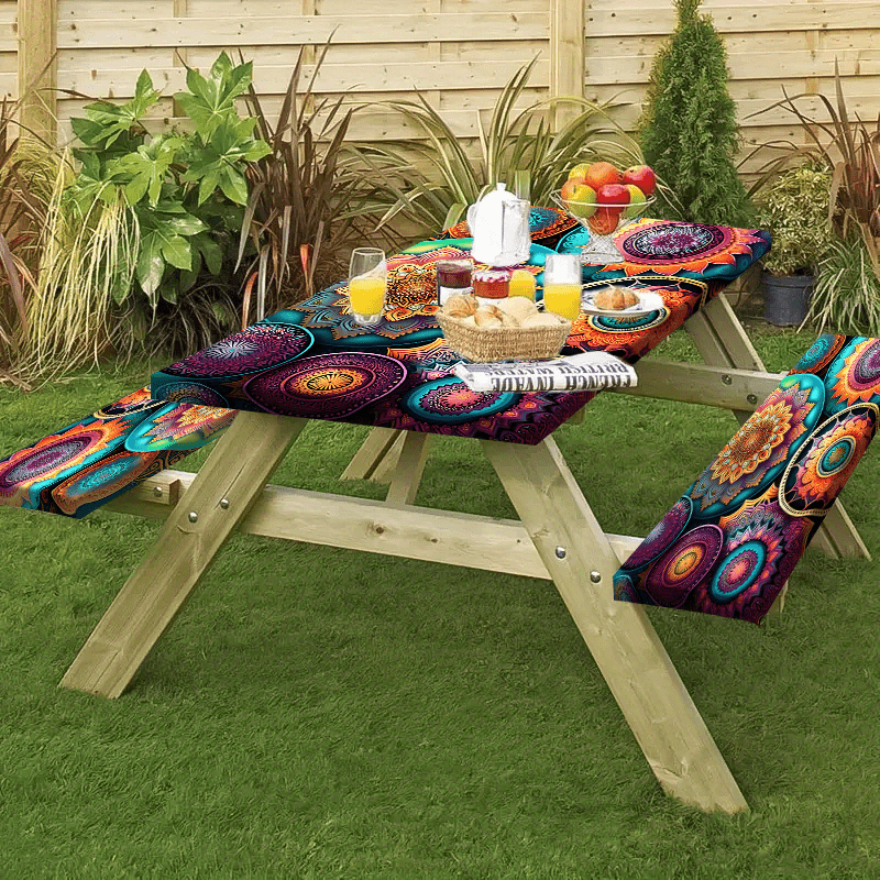 Product 1/3pcs Outdoor Picnic Tablecloth Set (1 Tablecloth + 2 Stool Covers) Mandala, Colorful Abstract Complex Pattern Elastic Tablecloth, Edge Elastic Tablecloth, Machine Washable, Suitable for Camping, Parties, Gifts, Part