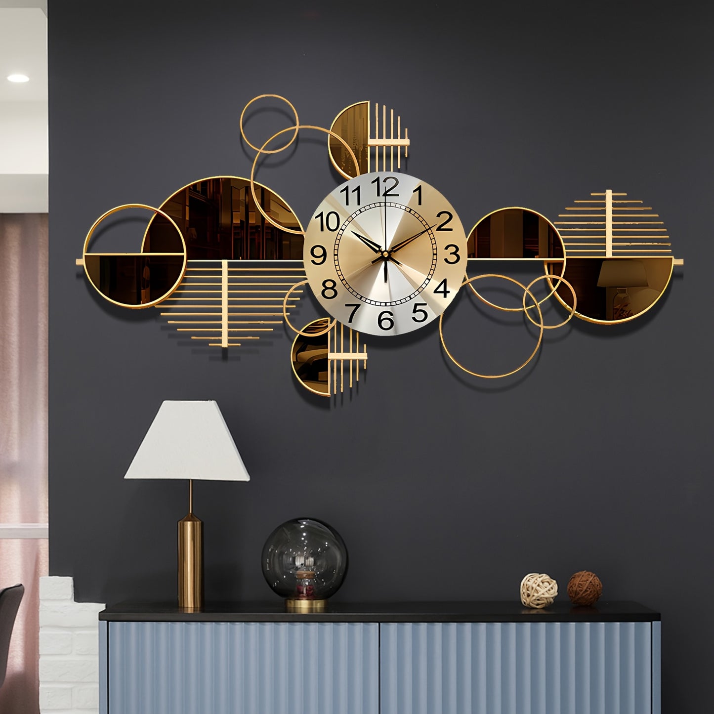 31" x 17" Modern Metal Wall Clock - Silent No-Ticking, 3D Decorative Art for Living Room & Bedroom, Golden Geometric Design, Large Creative Wall Clock Decor, No Ticking Mechanism, Wall Clock Living Room