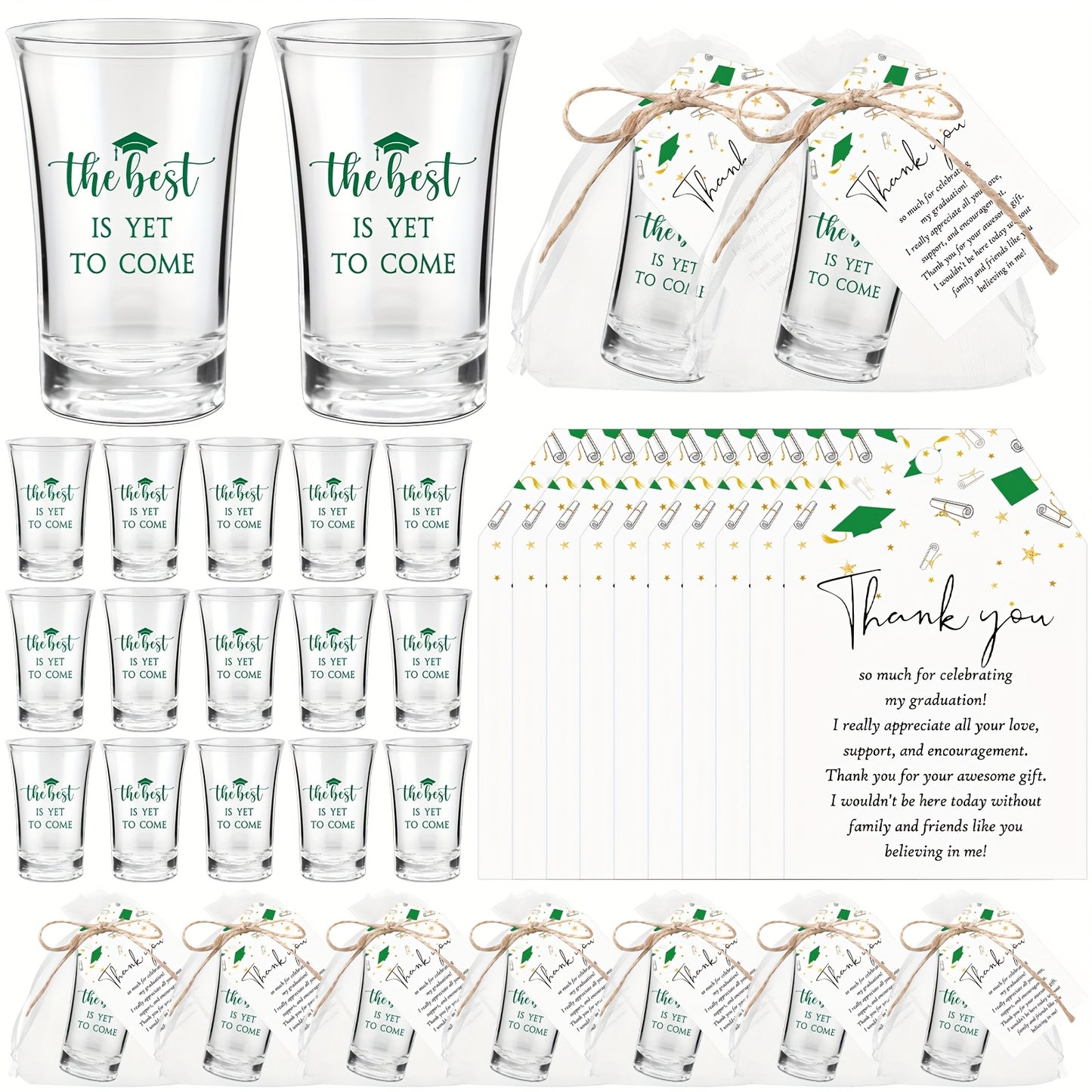 25 Set Graduation Gifts Party Packs Class of 2025 the Best Is Yet to Come Acrylic Shot Glasses with Thank You Cards and Organza Bags for High School College Grad Guests Souvenir Gifts (Green)