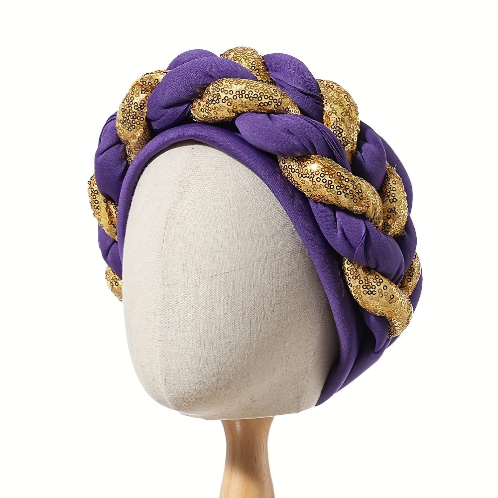 1pc Women's Elegant Turban Headwrap - Golden Spangle 2-Strand Braid, Lightweight Polyester, Non-Stretch - Wedding & Festive Attire | Hand Wash/Dry Clean | Toggle Closure