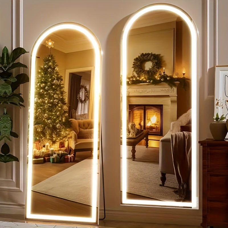 LED Lighted Full-Length Mirror with Arched Top - Aluminum Frame Floor-Standing Dressing Mirror for Bedroom & Living Room, No Electrical Needed, Black/Golden/White