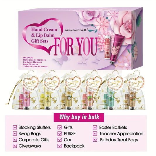 Lip Balm + Hand Cream Gift Set, 30 Sets/Box, Assorted 12 Flavor Lip Balm & Hand Cream Combo With Premium Organza Bag & Thank You Card, Ideal For Bridal Wedding Favors, Corporate Team Building, Party Gifts, Presents For Women