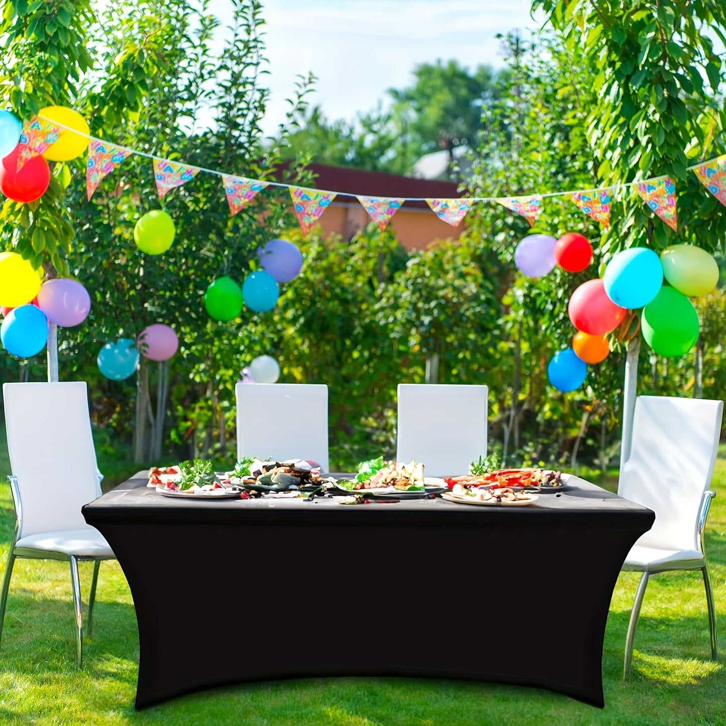6/12/24pcs 6 Feet Stretch Spandex Tablecloth For Rectangular Tables - Elastic Tablecloth For Folding Tables, Wrinkle Resistant, Durable Tabletop Protector For Parties, Weddings, Banquets & Events (Black & White)