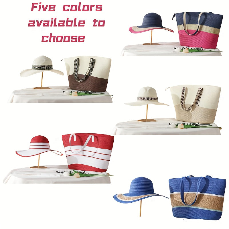 Summer Travel Set: 2pcs Wide Brim Straw Hat And Large Capacity Beach Bag with Zipper Closure, Perfect for Summer Outdoor Adventures, Camping, And Beach Vacation