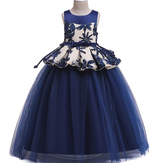 3D flower girls dress formal long wedding party girls princess dress sleeveless bow tulle kids dresses for girls High waist dres