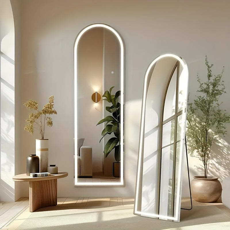LED Lighted Full-Length Mirror with Arched Top - Aluminum Frame Floor-Standing Dressing Mirror for Bedroom & Living Room, No Electrical Needed, Black/Golden/White