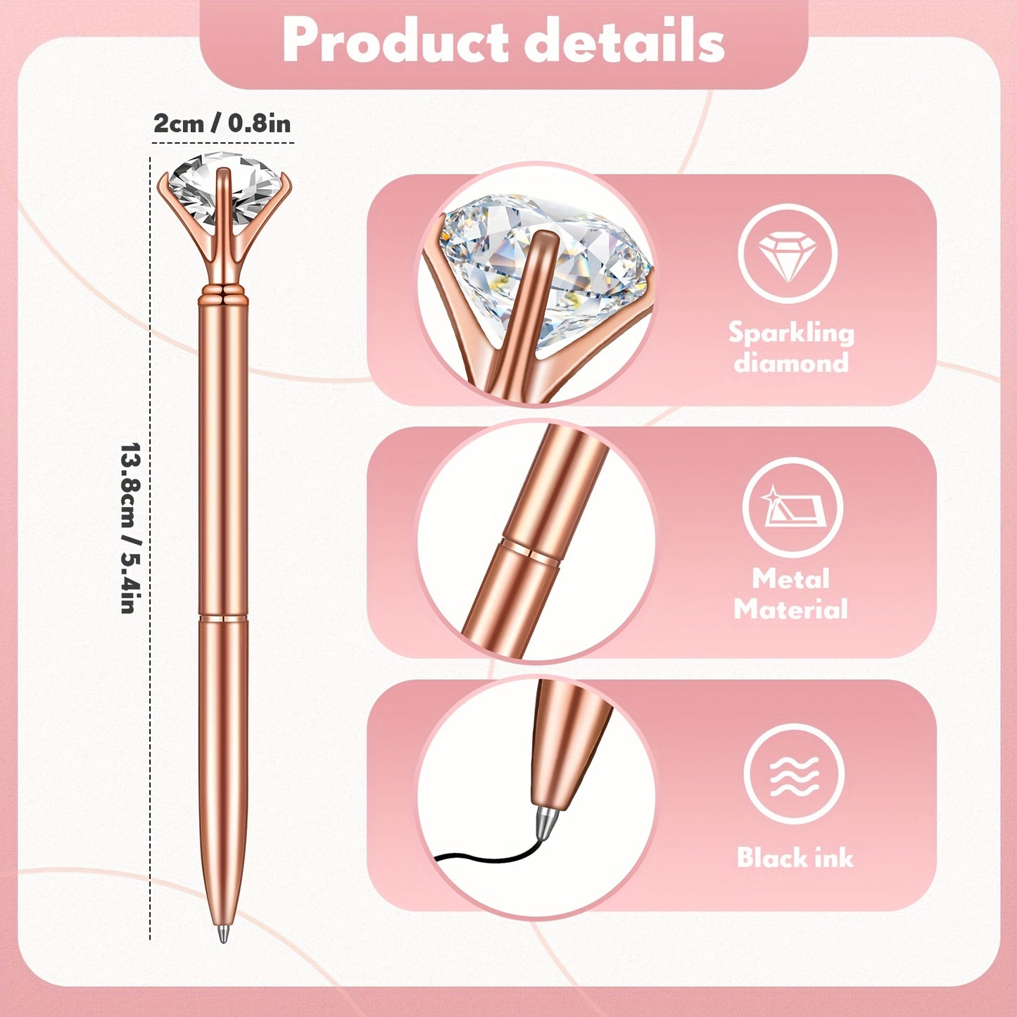 100 Pcs Diamond Pens Crystal Diamond Ballpoint Pen Fancy Cute Pens For Women Bling Metal Ballpoint Pen With Black Ink Office School Supplies, Wedding Bridal Shower Gift (Rose Gold)