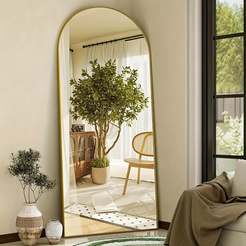 LED Lighted Full-Length Mirror with Arched Top - Aluminum Frame Floor-Standing Dressing Mirror for Bedroom & Living Room, No Electrical Needed, Black/Golden/White