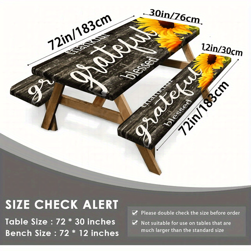 Product 1/3pcs Picnic Tablecloth Set (1 Tablecloth + 2 Stool Covers) Simple Gray Wood Grain Background Sunflower Print Elastic Tablecloth, Suitable for Picnic and Camping Tablecloths, Is a Must-have for Outdoor Barbecue and H