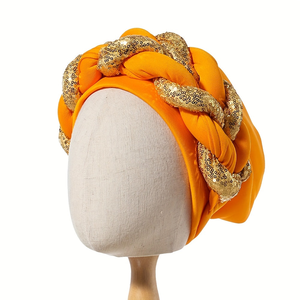 1pc Women's Elegant Turban Headwrap - Golden Spangle 2-Strand Braid, Lightweight Polyester, Non-Stretch - Wedding & Festive Attire | Hand Wash/Dry Clean | Toggle Closure