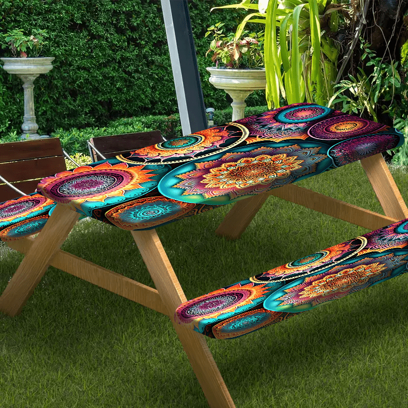 Product 1/3pcs Outdoor Picnic Tablecloth Set (1 Tablecloth + 2 Stool Covers) Mandala, Colorful Abstract Complex Pattern Elastic Tablecloth, Edge Elastic Tablecloth, Machine Washable, Suitable for Camping, Parties, Gifts, Part