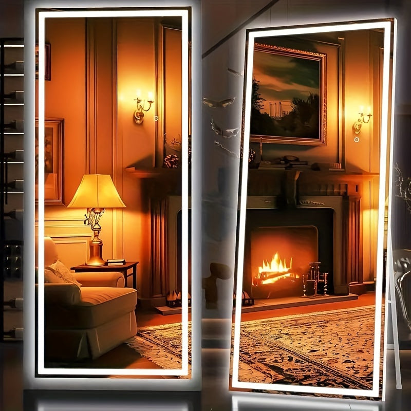 LED Lighted Full-Length Mirror with Arched Top - Aluminum Frame Floor-Standing Dressing Mirror for Bedroom & Living Room, No Electrical Needed, Black/Golden/White