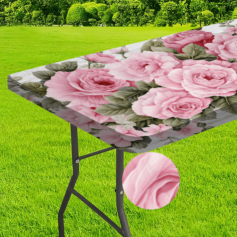 1pc, Rose Flower Printed Design Outdoor Tablecloth - Polyester Elastic Edge - Suitable for Camping, Picnics And Garden Parties, Bright Colors, Outdoor Table Set, Picnic Accessories, Can Be Used Indoors And Outdoors.