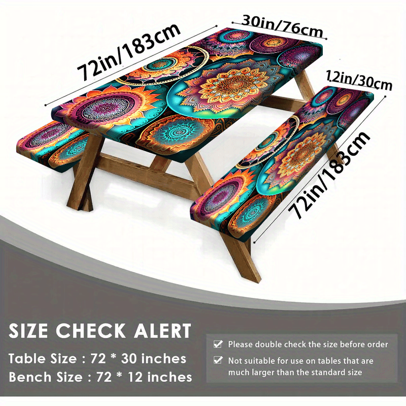 Product 1/3pcs Outdoor Picnic Tablecloth Set (1 Tablecloth + 2 Stool Covers) Mandala, Colorful Abstract Complex Pattern Elastic Tablecloth, Edge Elastic Tablecloth, Machine Washable, Suitable for Camping, Parties, Gifts, Part