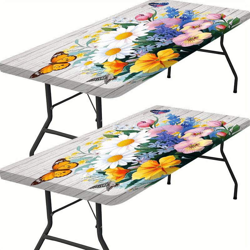 1pc Outdoor Tablecloth with Vivid Floral & Butterfly Design - Washable Durable Polyester Rectangular Table Cover, Elastic Edges for Secure Fit, Bright Colors for Camping, Picnics, Garden Parties - Indoor/Outdoor Use, Picnic T