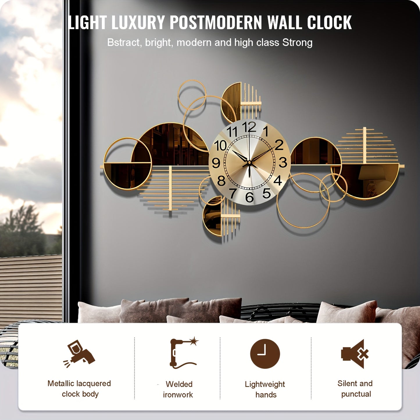 31" x 17" Modern Metal Wall Clock - Silent No-Ticking, 3D Decorative Art for Living Room & Bedroom, Golden Geometric Design, Large Creative Wall Clock Decor, No Ticking Mechanism, Wall Clock Living Room