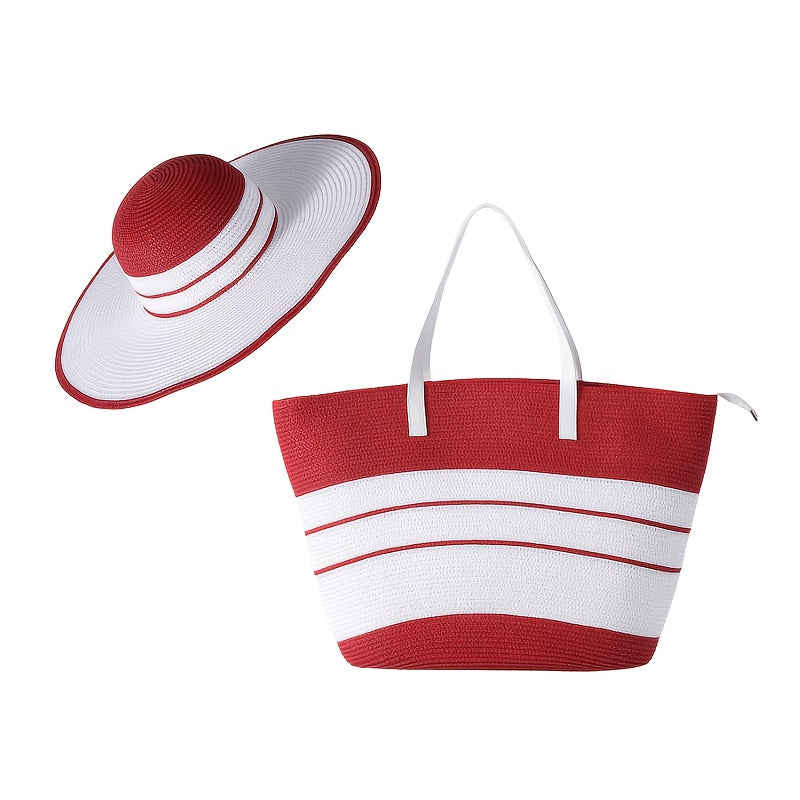 Summer Travel Set: 2pcs Wide Brim Straw Hat And Large Capacity Beach Bag with Zipper Closure, Perfect for Summer Outdoor Adventures, Camping, And Beach Vacation