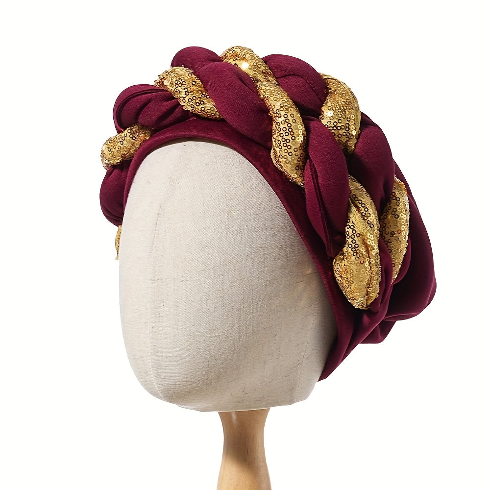 1pc Women's Elegant Turban Headwrap - Golden Spangle 2-Strand Braid, Lightweight Polyester, Non-Stretch - Wedding & Festive Attire | Hand Wash/Dry Clean | Toggle Closure