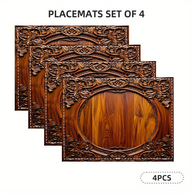 4/6pcs Vintage Floral Carved Linen Placemats Set, Rectangular Hand Wash Only Table Mats, Linen for Dining Room, Kitchen Decor, Heat Resistant,, Suitable for Home, Coffee Shops, Wedding, Party Decoration, Linen Material