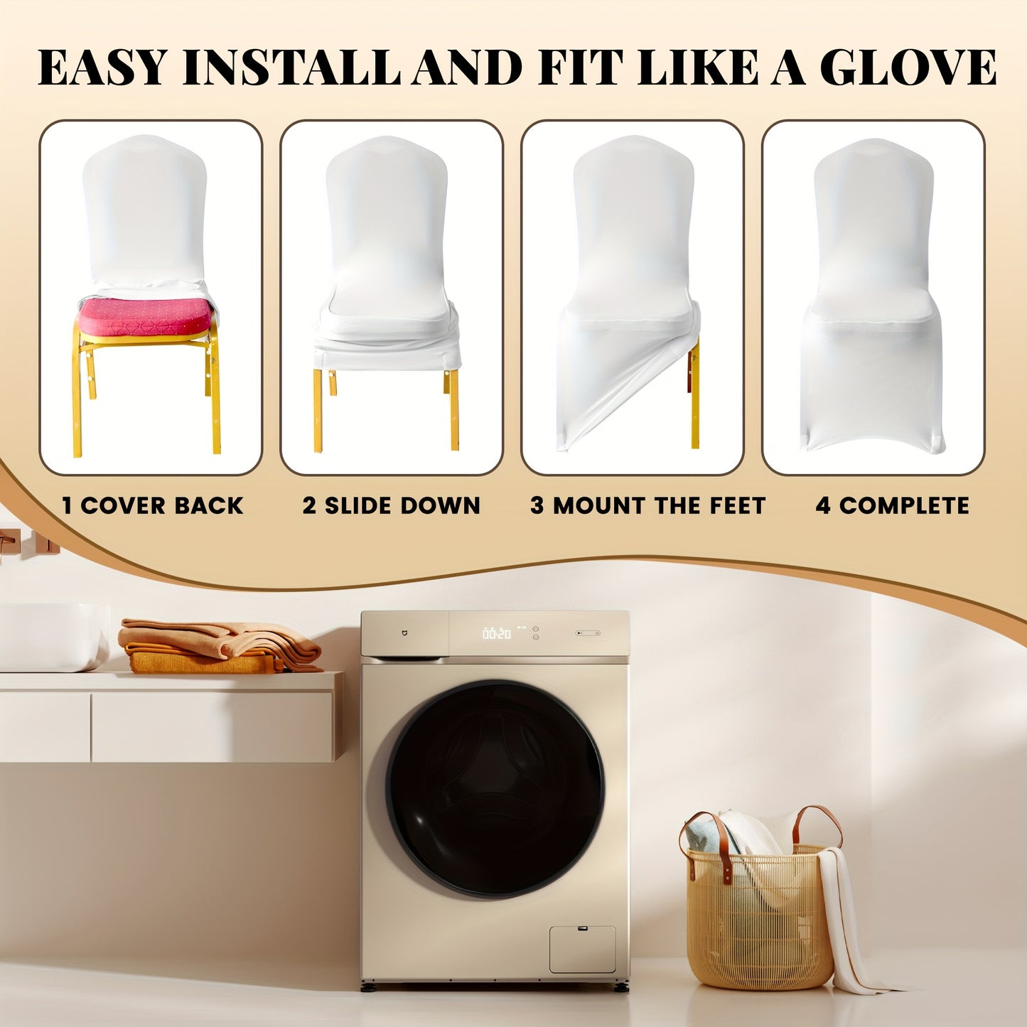 KUOGO 50/100pcs Stretch Chair Covers For Dining Chair, Fitted Spandex Chair Protector, Stretchable Removable Chair Slipcover, For Banquet, Party, Dinning, Celebration, Wedding, White-Dining-100pcs