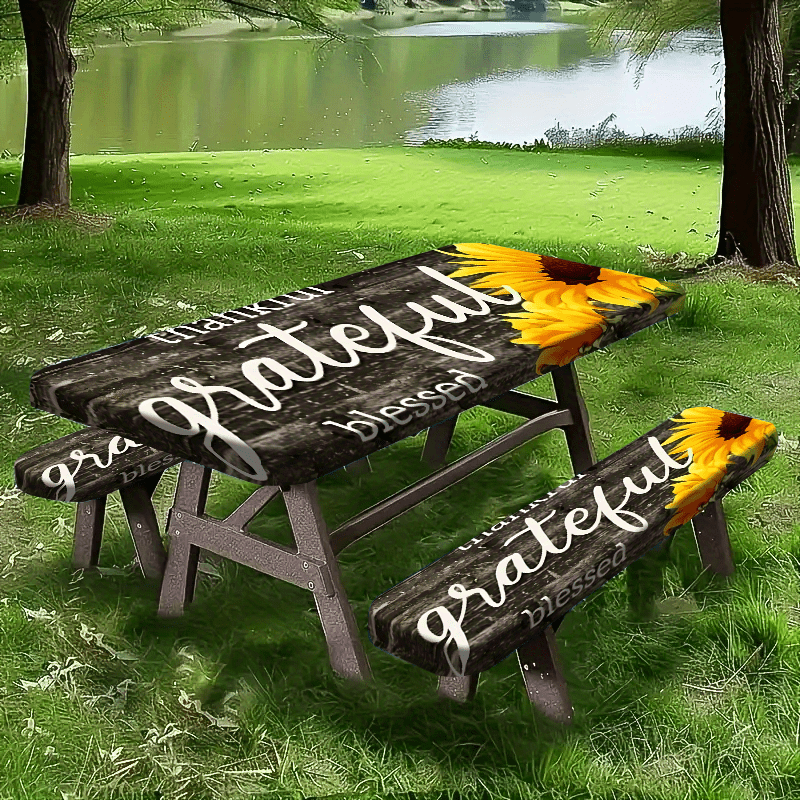 Product 1/3pcs Picnic Tablecloth Set (1 Tablecloth + 2 Stool Covers) Simple Gray Wood Grain Background Sunflower Print Elastic Tablecloth, Suitable for Picnic and Camping Tablecloths, Is a Must-have for Outdoor Barbecue and H