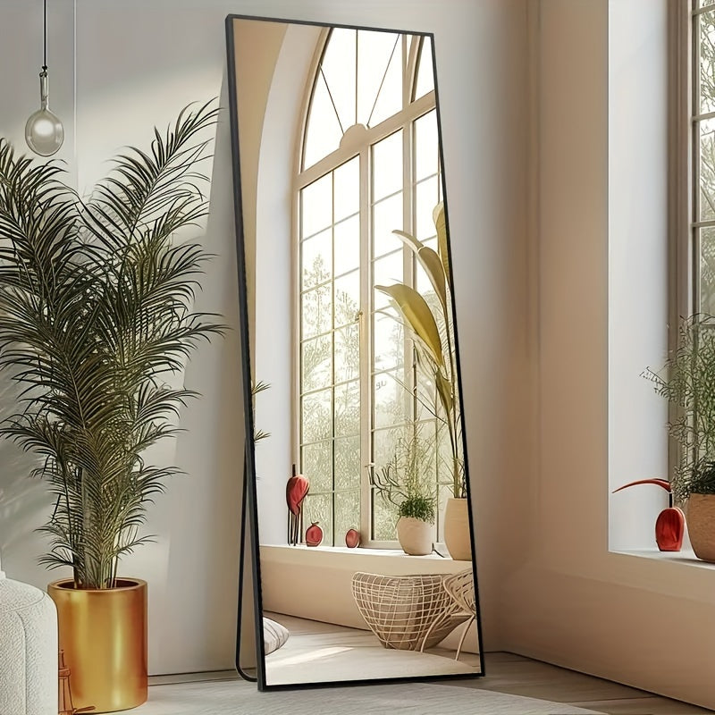 LED Lighted Full-Length Mirror with Arched Top - Aluminum Frame Floor-Standing Dressing Mirror for Bedroom & Living Room, No Electrical Needed, Black/Golden/White
