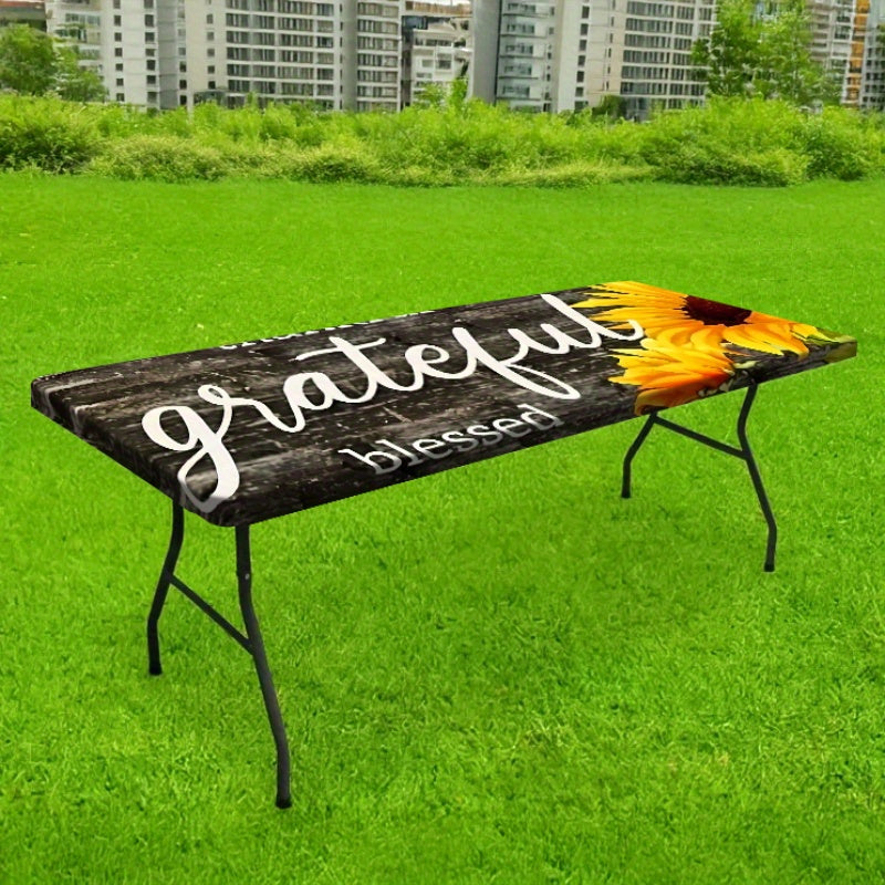 Product 1/3pcs Picnic Tablecloth Set (1 Tablecloth + 2 Stool Covers) Simple Gray Wood Grain Background Sunflower Print Elastic Tablecloth, Suitable for Picnic and Camping Tablecloths, Is a Must-have for Outdoor Barbecue and H