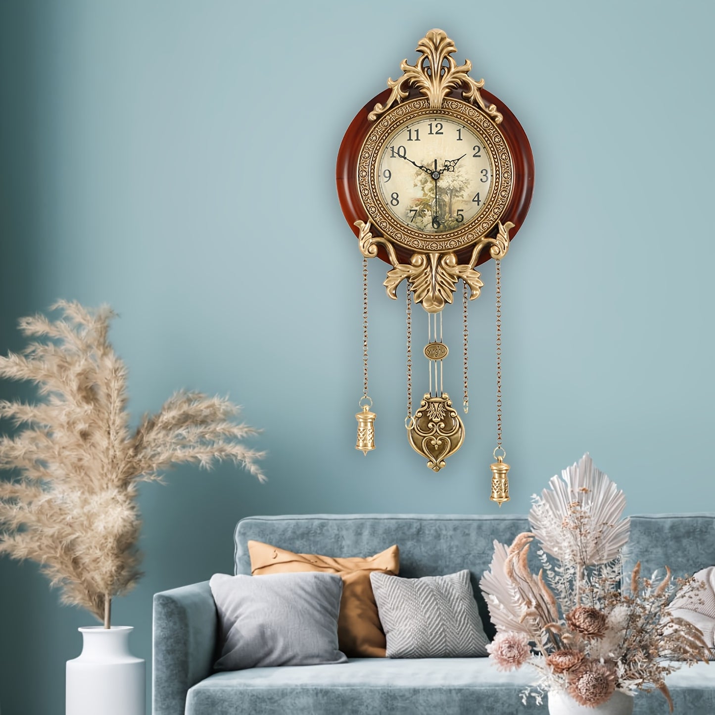 Real Wood Wall Clock with Swinging Pendulum by Aero Snail, Battery Operated Clock for Living Room Decor, Retro Vintage Style Decorative, Improted Mechanism Silent Scanning Hands Watch
