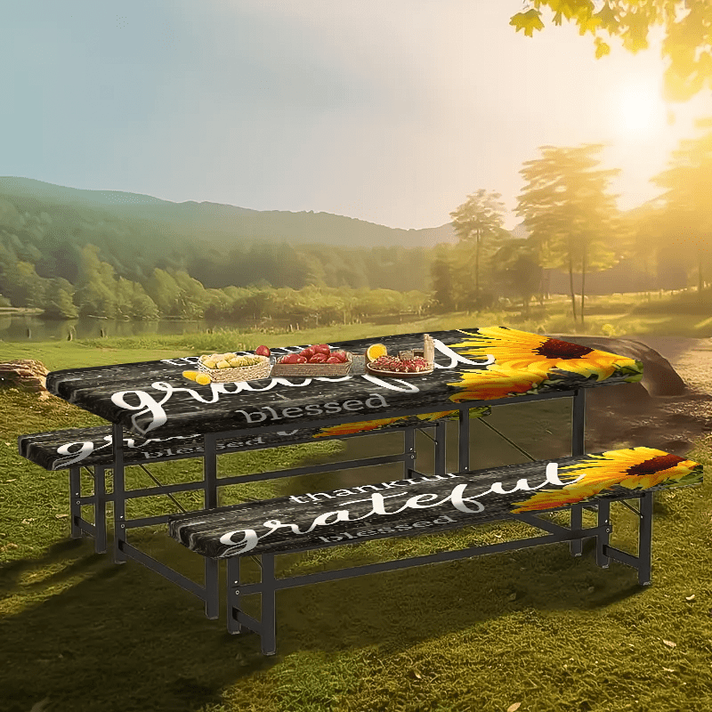 Product 1/3pcs Picnic Tablecloth Set (1 Tablecloth + 2 Stool Covers) Simple Gray Wood Grain Background Sunflower Print Elastic Tablecloth, Suitable for Picnic and Camping Tablecloths, Is a Must-have for Outdoor Barbecue and H