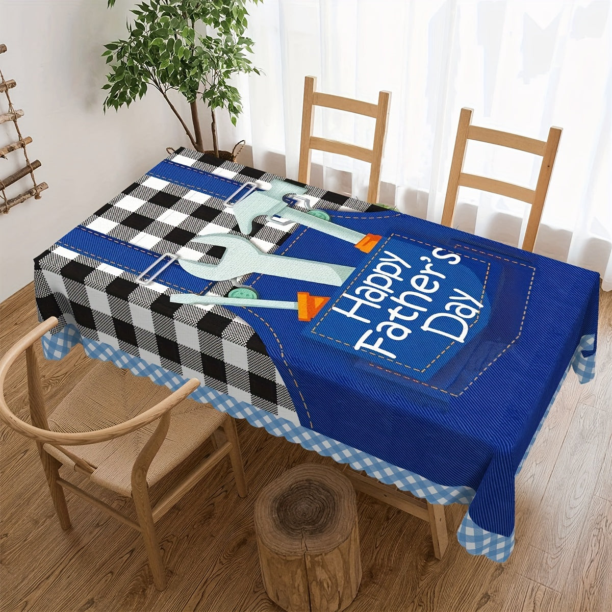 Father's Day Tablecloth Blue White Checkered Table Cover