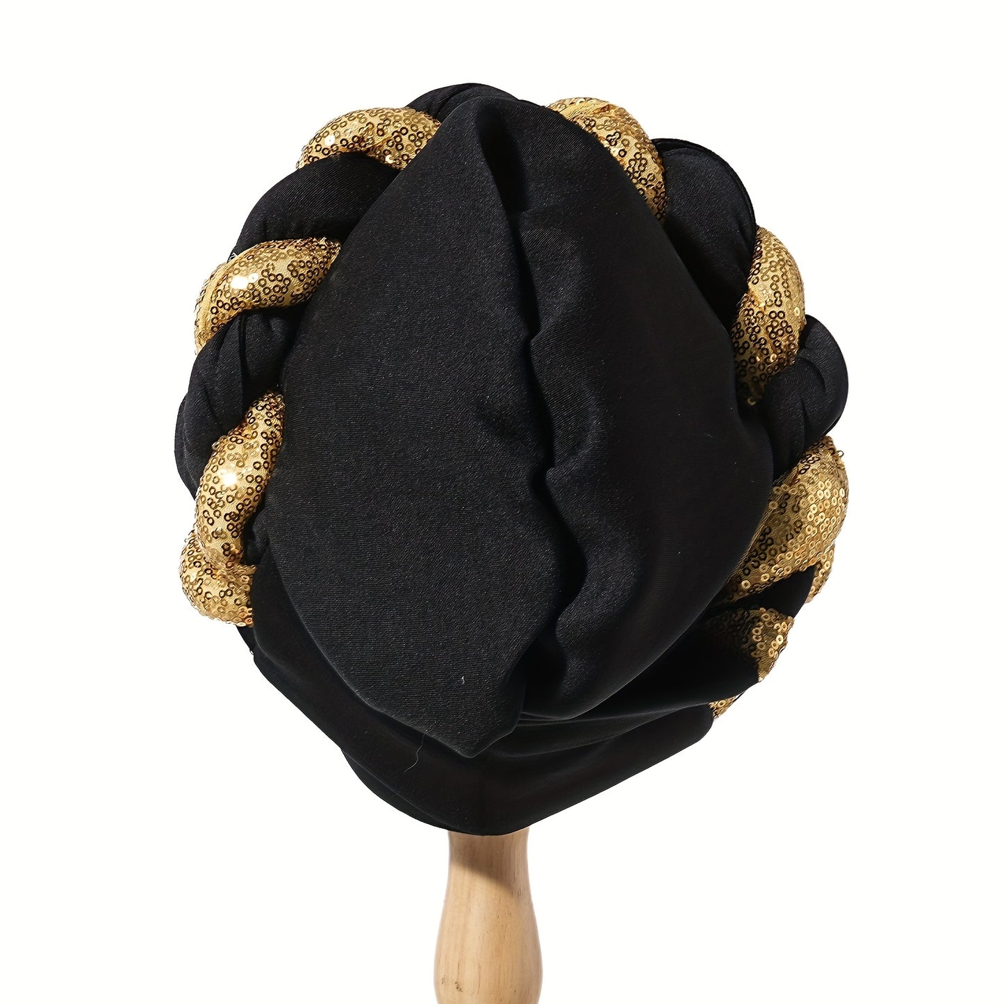 1pc Women's Elegant Turban Headwrap - Golden Spangle 2-Strand Braid, Lightweight Polyester, Non-Stretch - Wedding & Festive Attire | Hand Wash/Dry Clean | Toggle Closure