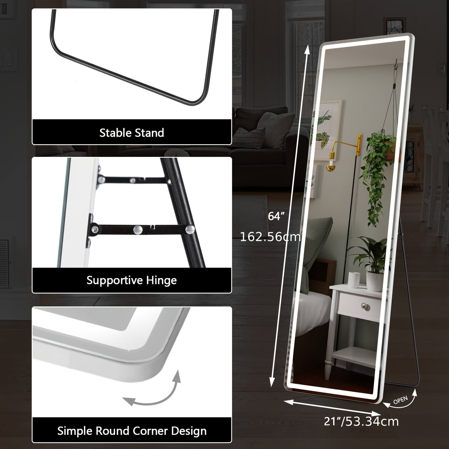 LED Lighted Full-Length Mirror with Arched Top - Aluminum Frame Floor-Standing Dressing Mirror for Bedroom & Living Room, No Electrical Needed, Black/Golden/White
