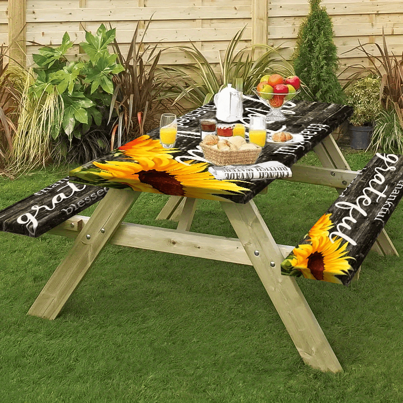 Product 1/3pcs Picnic Tablecloth Set (1 Tablecloth + 2 Stool Covers) Simple Gray Wood Grain Background Sunflower Print Elastic Tablecloth, Suitable for Picnic and Camping Tablecloths, Is a Must-have for Outdoor Barbecue and H
