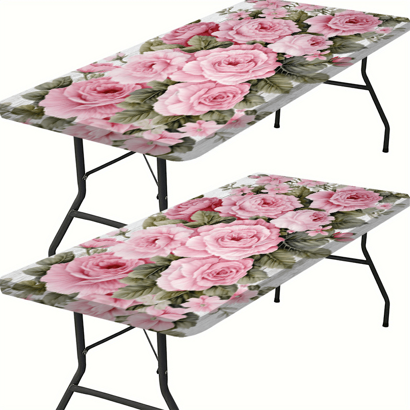 1pc, Rose Flower Printed Design Outdoor Tablecloth - Polyester Elastic Edge - Suitable for Camping, Picnics And Garden Parties, Bright Colors, Outdoor Table Set, Picnic Accessories, Can Be Used Indoors And Outdoors.
