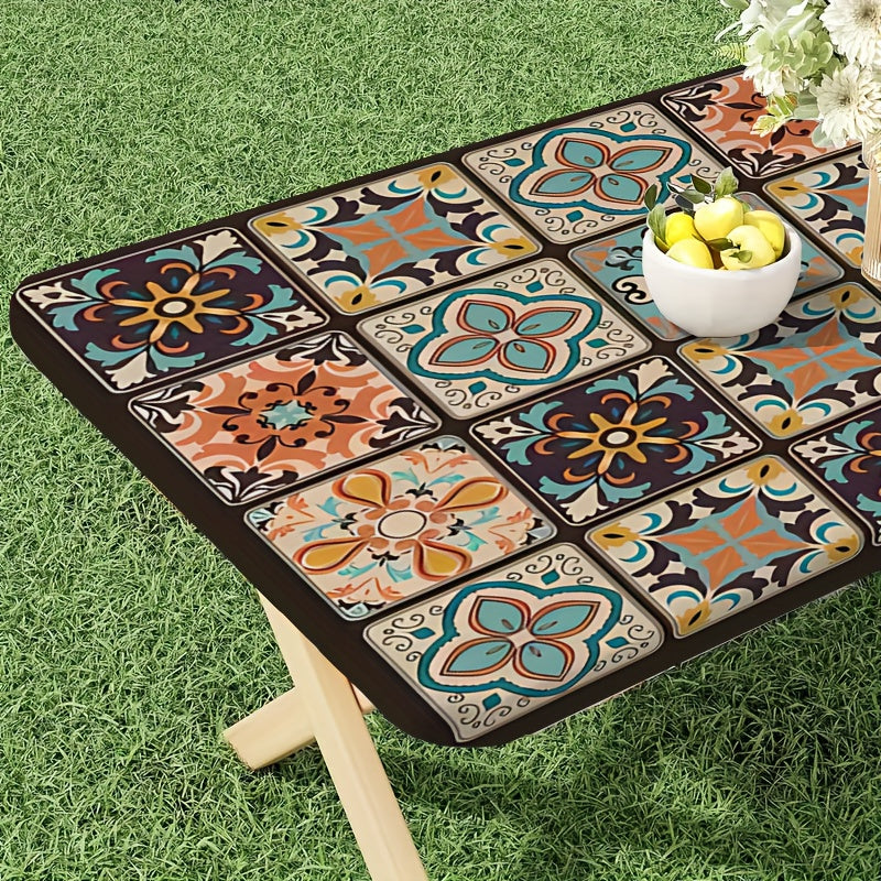 A Stretchable Edge Tablecloth with a Vintage Pattern - a Set of 16 Decorative Tablecloths, Suitable for Restaurants, Dining Tables, Coffee Tables, Kitchens, Adding Beauty to Your Home. Outdoor Tablecloth, Picnic Accessories,