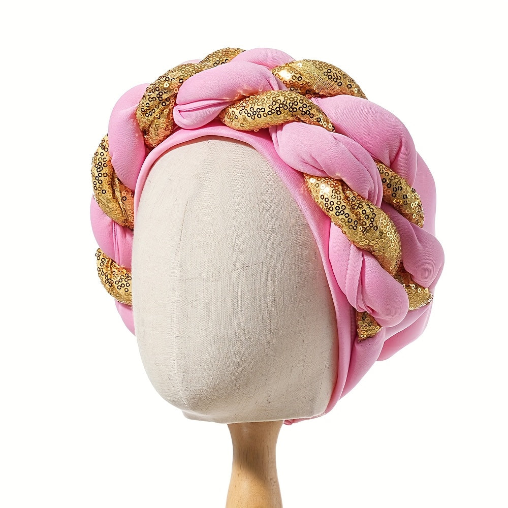 1pc Women's Elegant Turban Headwrap - Golden Spangle 2-Strand Braid, Lightweight Polyester, Non-Stretch - Wedding & Festive Attire | Hand Wash/Dry Clean | Toggle Closure