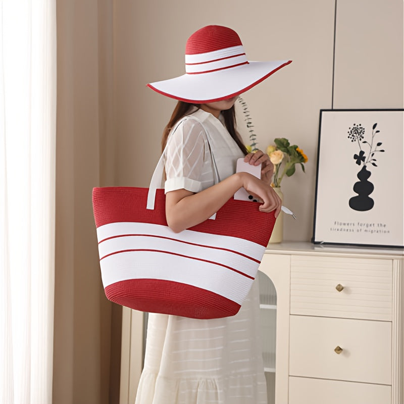 Summer Travel Set: 2pcs Wide Brim Straw Hat And Large Capacity Beach Bag with Zipper Closure, Perfect for Summer Outdoor Adventures, Camping, And Beach Vacation